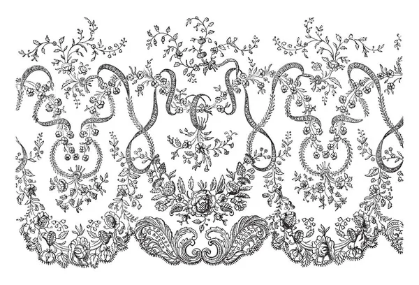 Lace Veil Portion Border Delicately Designed Flowers Vintage Line Drawing — Stock Vector