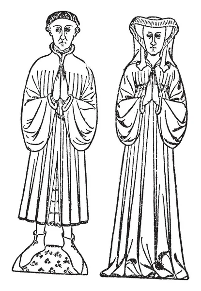紳士と妻の祈り ビンテージの線描画や彫刻イラストで握りしめられる手の側に立って — ストックベクタ