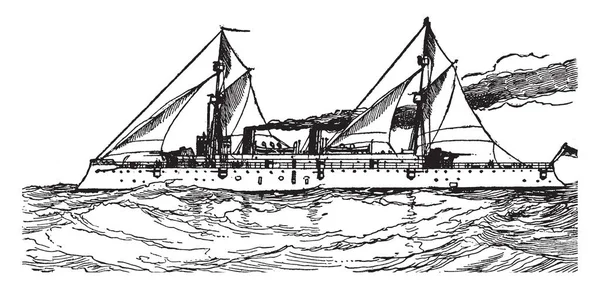 这个形象代表了美国保护巡洋舰在海上 复古线绘制或雕刻插图 — 图库矢量图片