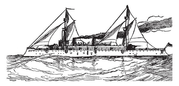 This image represents a United States protected Cruiser at Sea, vintage line drawing or engraving illustration.