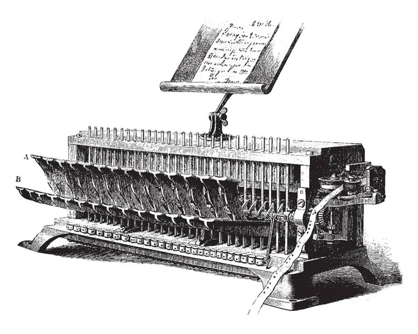 Deze Afbeelding Vertegenwoordigt Holpijpen Machine Automatische Telegraaf Vintage Lijntekening Gravure — Stockvector