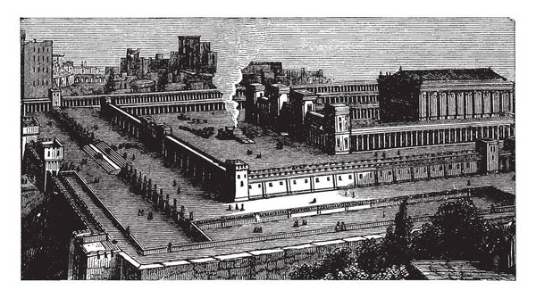 An ancient picture of the Jewish temple of Solomon. The picture shows the full view of the temple, vintage line drawing or engraving illustration.