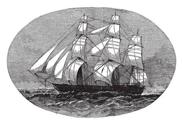 The School Ship USS Sabine was a sailing frigate built by the United States Navy in 1855, vintage line drawing or engraving illustration.