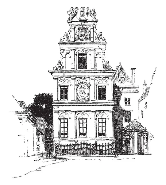 Vista Frontal Del Ayuntamiento Ciudad Holanda Dibujo Línea Vintage Ilustración — Archivo Imágenes Vectoriales