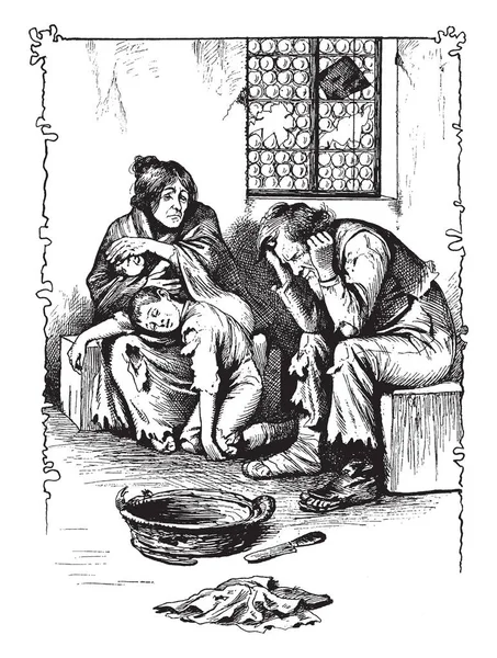 一个男人 女人和孩子坐在悲伤的心情看起来像无家可归的家庭 复古线画或雕刻插图 — 图库矢量图片