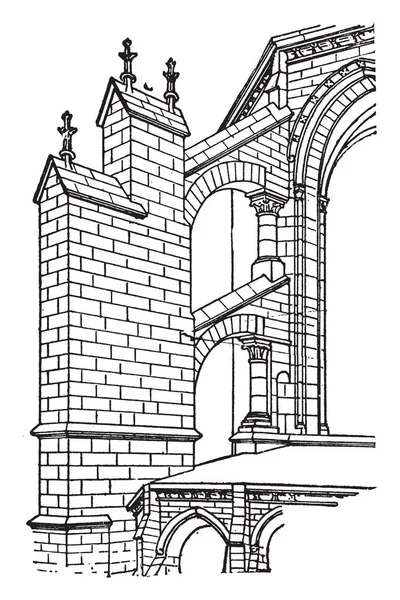 Early Gothic Flying Buttress, arc boutant, Cathedral architecture,  Gothic architecture, semi-arch, support, vintage line drawing or engraving illustration.