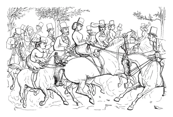 Grupo Homens Mulheres Montando Cavalos Desenho Linha Vintage Gravura Ilustração —  Vetores de Stock