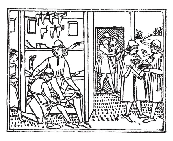 Bootmaker Shop Decameron Impresso 1492 Por Giovanni Boccaccio Desenho Linha —  Vetores de Stock