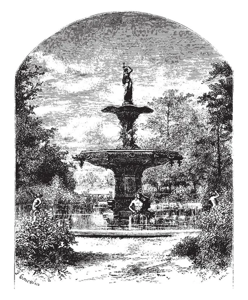 喷泉位于连翘公园 装饰或戏剧性的效果 纯功能 复古线画或雕刻插图 — 图库矢量图片