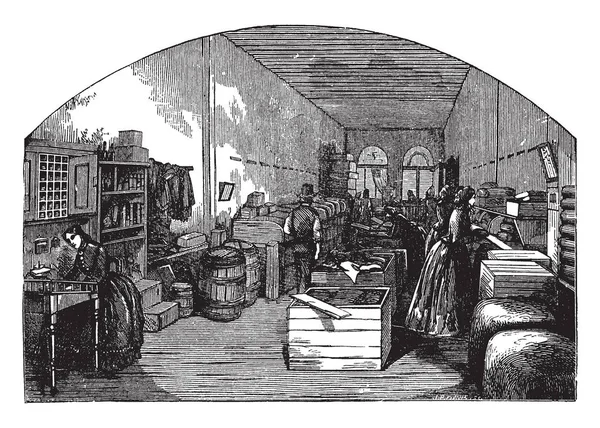 Bir sürü şey sakladığı depo, vintage çizgi çizme veya oyma illüstrasyon.