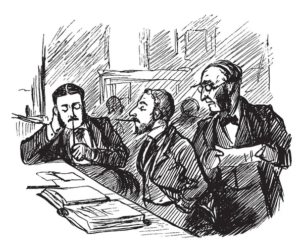 Üç adam bir kitaba bakmalısın tablo, vintage çizgi çizme veya oyma illüstrasyon devam etti
