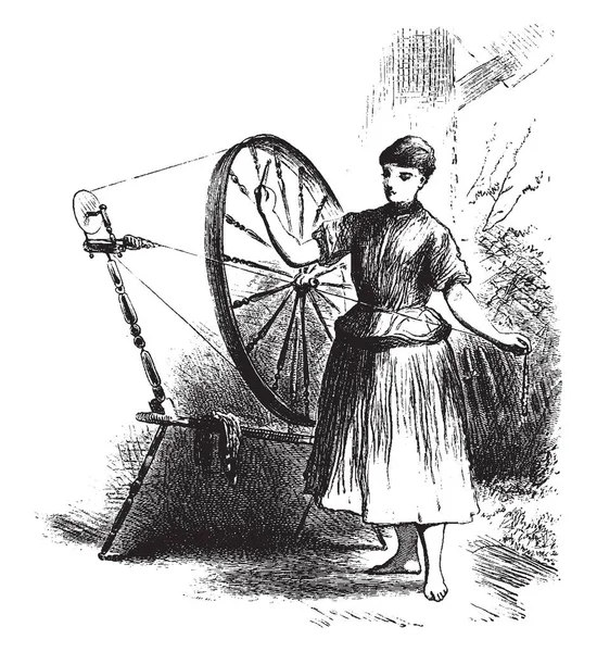 Uma Mulher Com Roda Giratória Desenho Linha Vintage Gravura Ilustração — Vetor de Stock