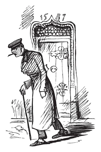 Hombre Caminando Con Palo Fumando Pipa Dibujo Línea Vintage Ilustración — Archivo Imágenes Vectoriales