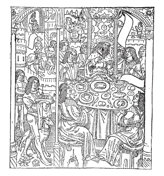 The King's Banquet is a print from the engraving, vintage line drawing or engraving illustration.