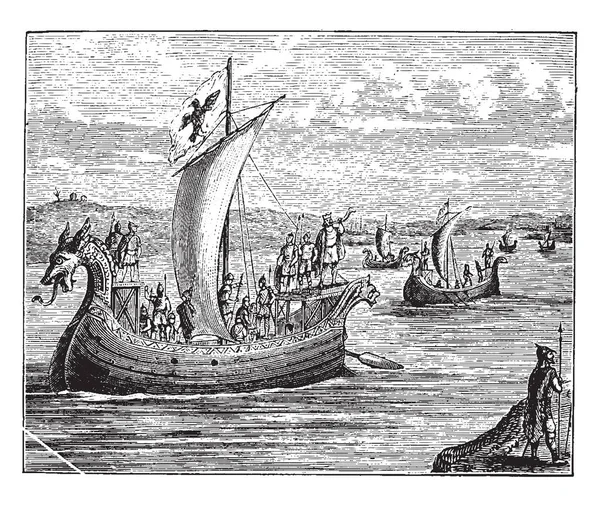 Barcos Guerra Daneses Año 787 Tres Barcos Extraños Encontraron Camino — Archivo Imágenes Vectoriales