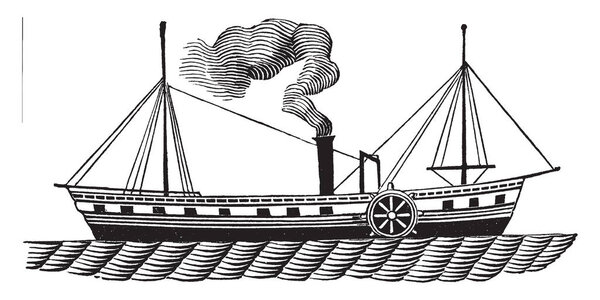 Пароходы реки Гудзон уникальны тем, что у них есть два колеса, расположенных в центре лодки с обеих сторон, рисунок винтажной линии или гравировка.
.
