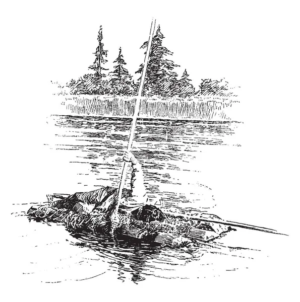 漂浮在水面上的木筏上的人 老式的线条画或雕刻插图 — 图库矢量图片