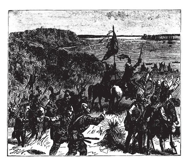 Soto Descobrindo Rio Mississippi Hernando Soto Foi Explorador Conquistador Espanhol —  Vetores de Stock