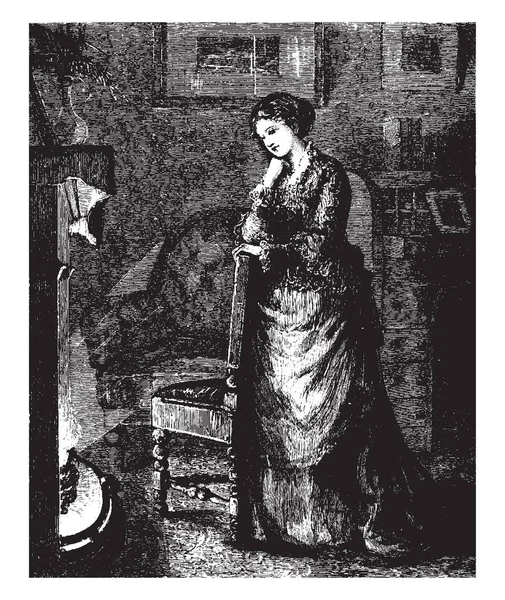 Жінка Дивиться Вогняне Місце Вінтажний Малюнок Або Гравюрна Ілюстрація — стоковий вектор