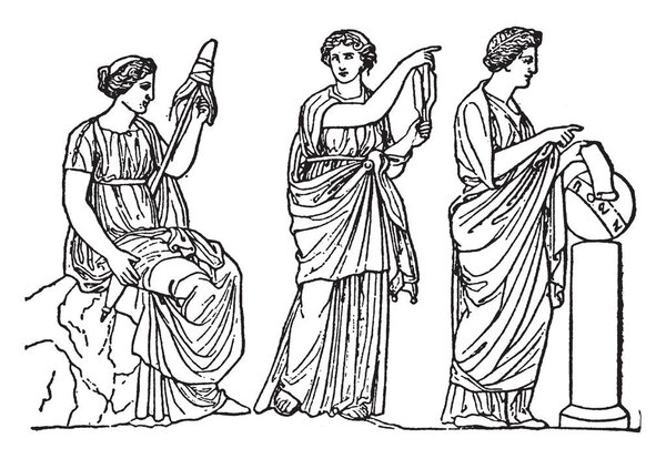 The three fates of Greek Mythology were three sisters named as Clotho, Lachesis and Atropos has been distributed work to spun the thread of life, decide its fate and cut the threat respectively, vintage line drawing or engraving illustration.
