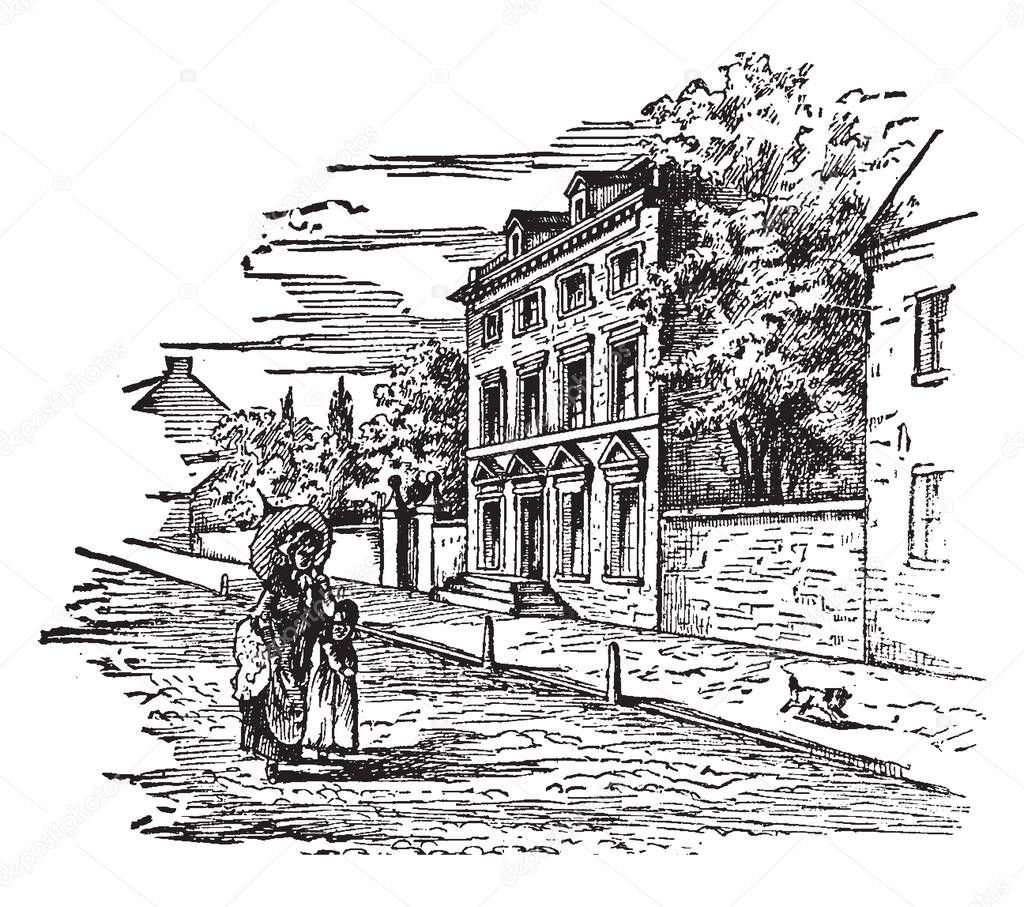 It the President's house in Philadelphia, located at 524-30 Market Street, vintage line drawing or engraving illustration.