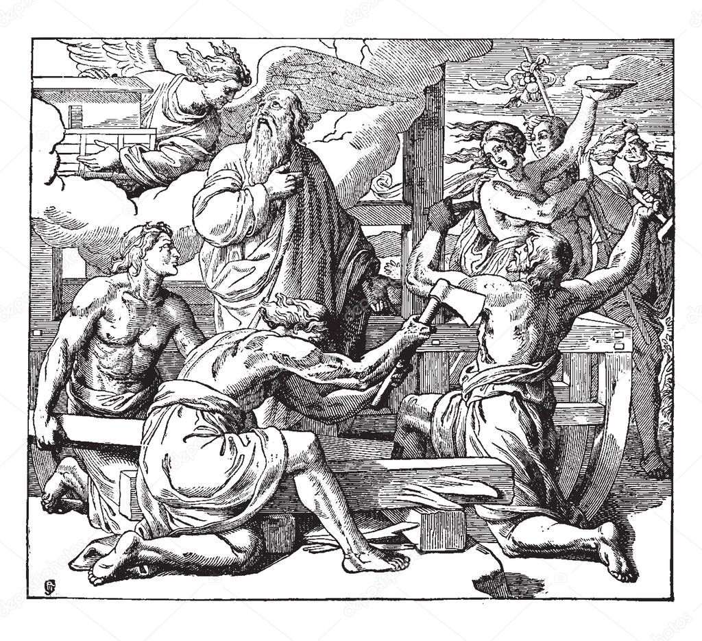 Noah Building the Ark, this scene shows people building the ark, an old man looking at angel who holding something in hands, vintage line drawing or engraving illustration