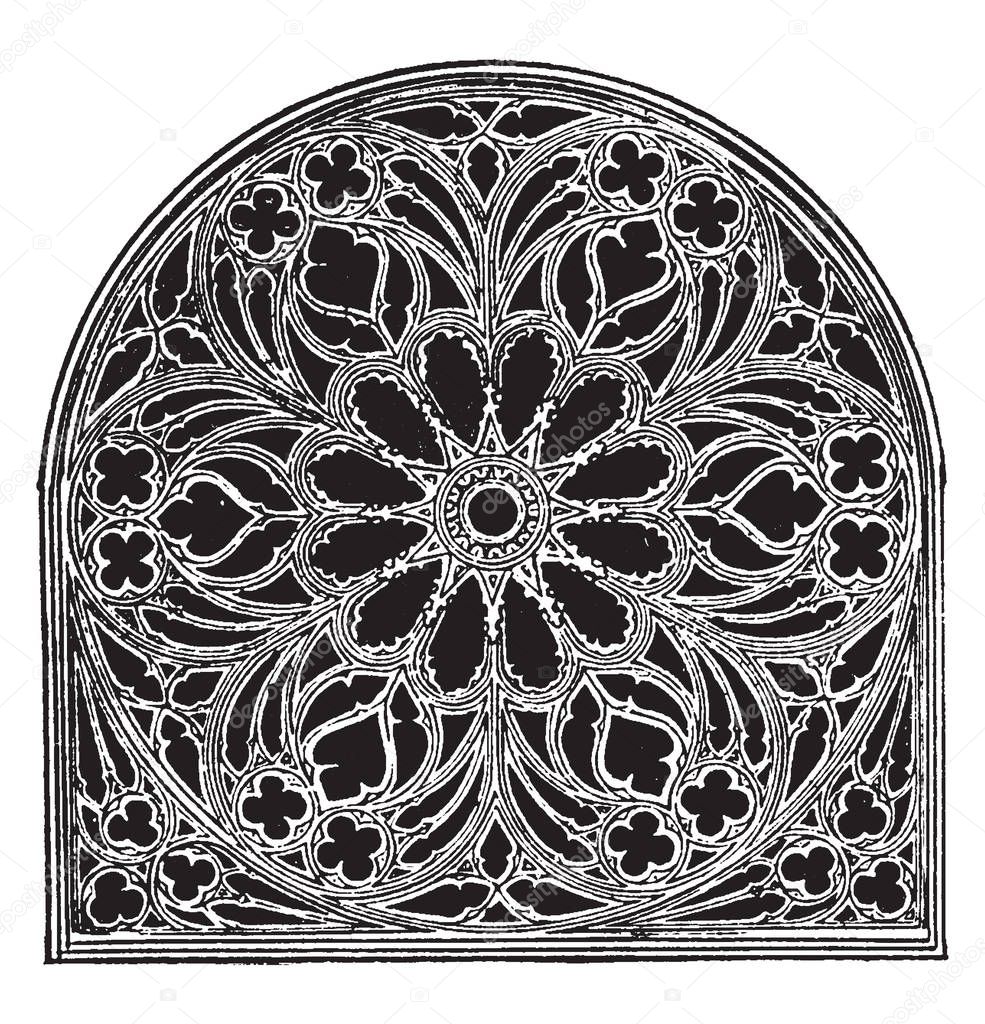 Rose Window, Church of St. Ouen, Rouen applied to a circular window, features two magnificent, exterior of the cathedral, vintage line drawing or engraving illustration.