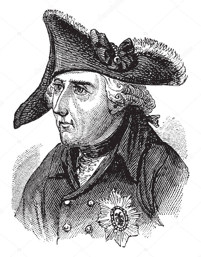 Frederick II of Prussia, 1712-1786, he was the king of Prussia from 1740 to 1786, vintage line drawing or engraving illustration