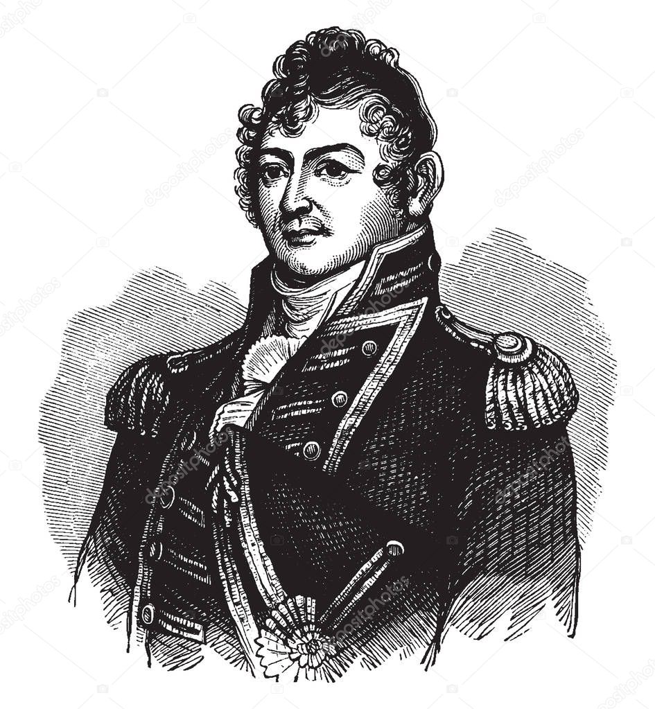 Isaac Hull, 1773-1843, he was a commodore in the United States navy, vintage line drawing or engraving illustration