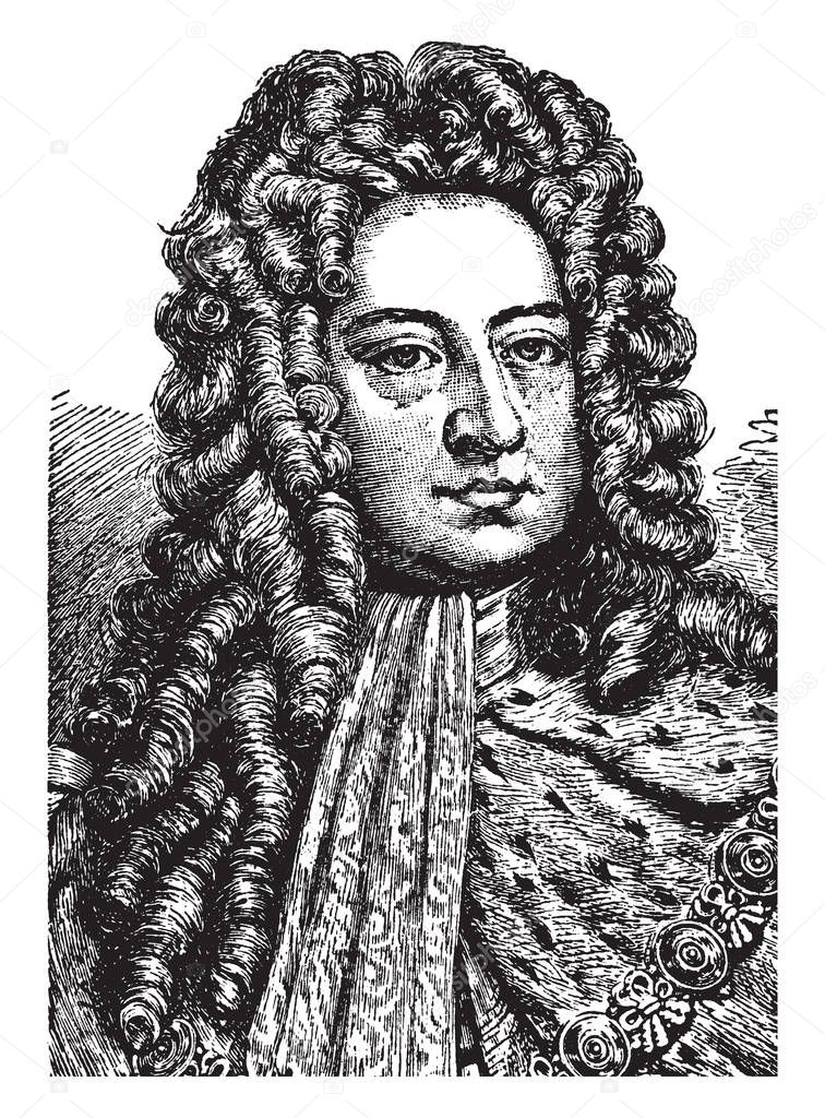 King George I of Great Britain, 1660-1727, he was the king of Great Britain and Ireland from 1714 to 1727, ruler of the Duchy and Elector of Hanover in the Holy Roman Empire, vintage line drawing or engraving illustration