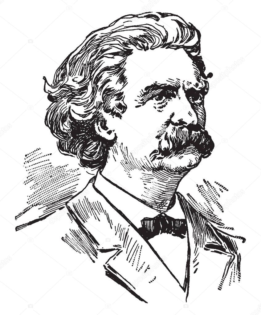 Samuel Langhorne Clemens, 1835-1910,  he was a major American writer from Missouri, famous for his stories and novel, The Adventures of Tom Sawyer and The Adventures of Huckleberry Finn, vintage line drawing or engraving illustration