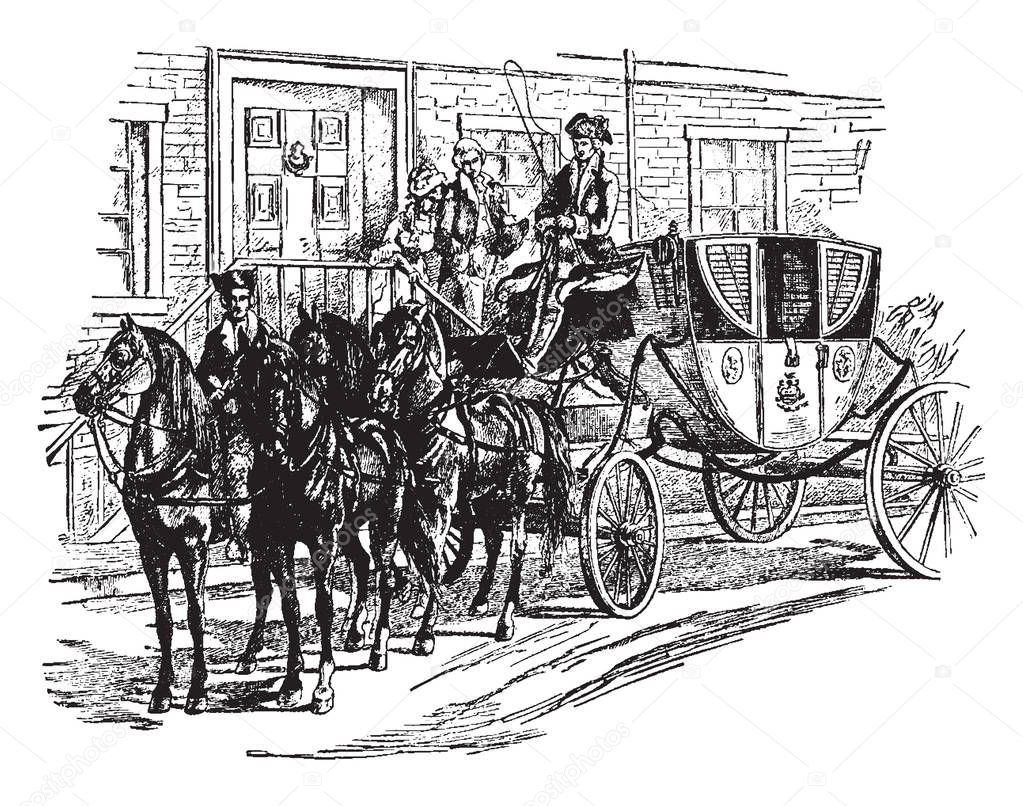 The President Equipage is an elegant horse drawn carriage with its retinue of servants is an equipage, vintage line drawing or engraving illustration.