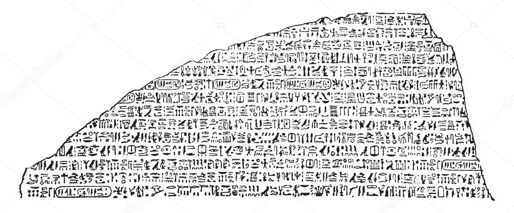 Portion of Rosetta Stone or granodiorite stele, carved upon stone, ancient inscriptions, vintage line drawing or engraving illustration.