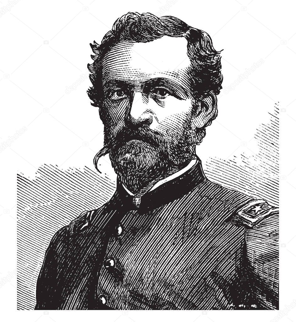 James Harrison Wilson, 1837-1925, he was a United States army topographic engineer and a union army major general in the American civil war, vintage line drawing or engraving illustration