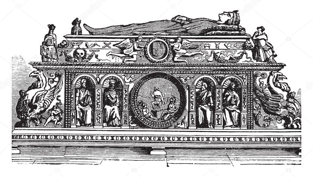 It's Sarcophagus of Ferdinand & Isabella with design, vintage line drawing or engraving illustration.