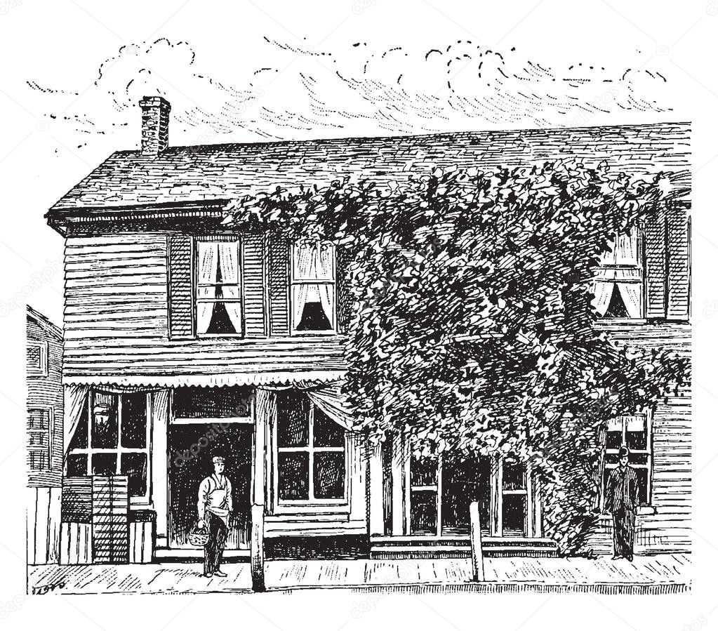 This is the birthplace of President William McKinley in Niles, Ohio. This house looks like very old house, vintage line drawing or engraving illustration.