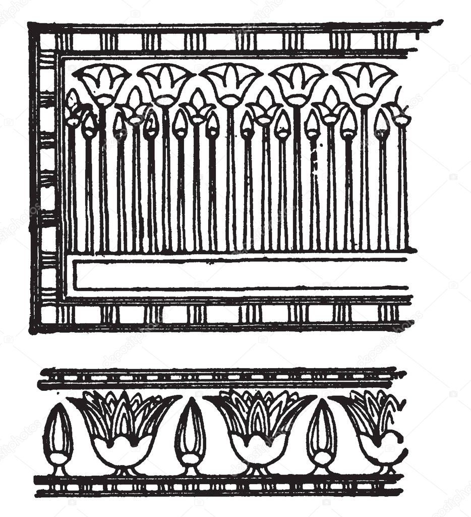 Egyptian Floral Ornament Form, masses of unbroken wall, historical character,  flower pattern, internal decoration, vintage line drawing or engraving illustration.