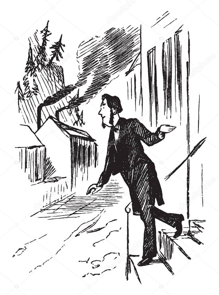 A man walking downstairs to the street, houses in background, vintage line drawing or engraving illustration