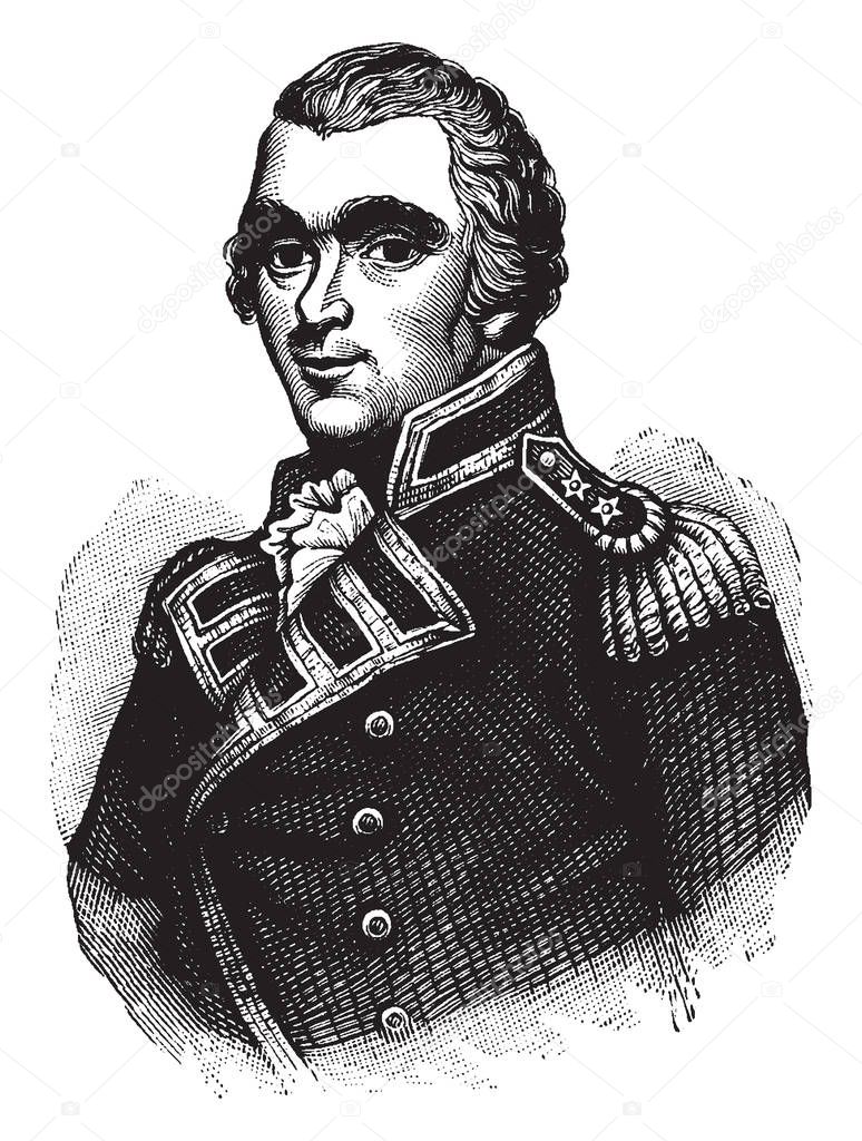 James Richard Dacres, 1788-1853, he was an English officer of the Royal Navy, vintage line drawing or engraving illustration