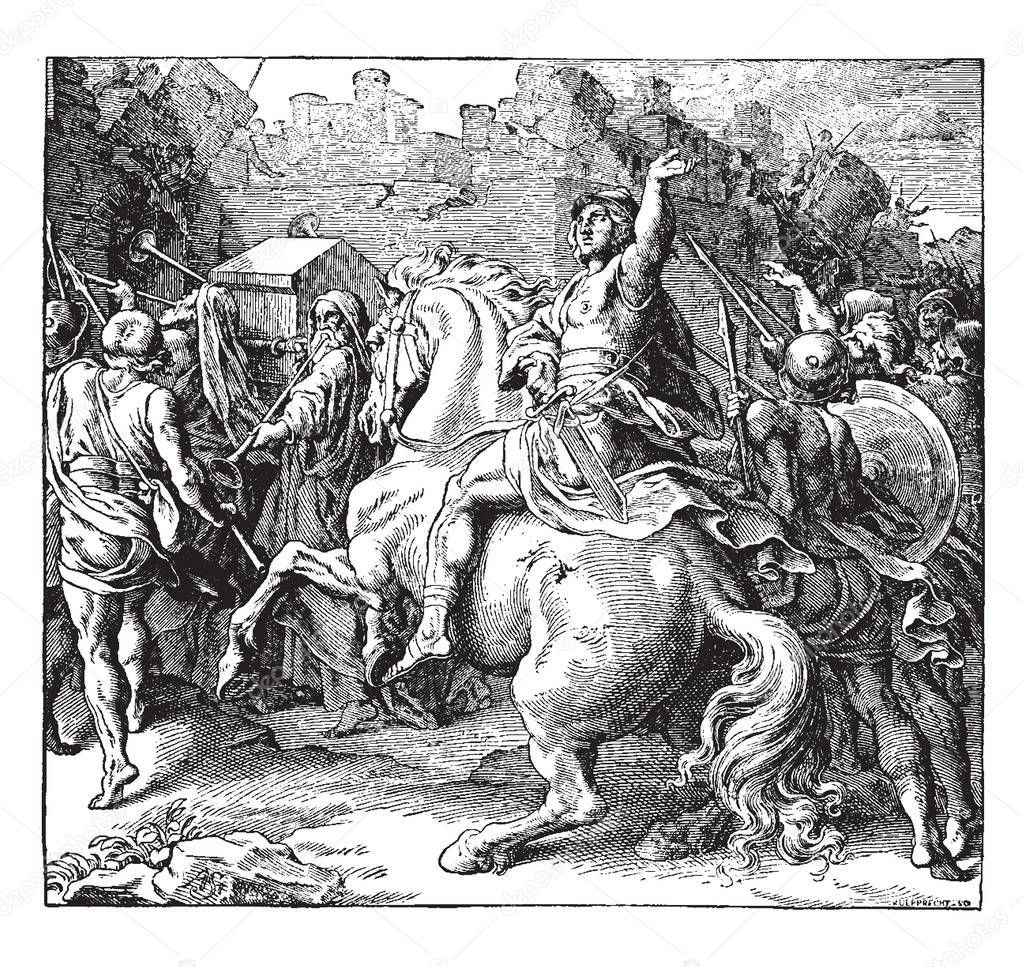 An image of the walls of Jericho falling as the Israelites surrounds the city. The Ark of the Covenant and the priests who play the trumpets are seen on the left side of the image, vintage line drawing or engraving illustration.