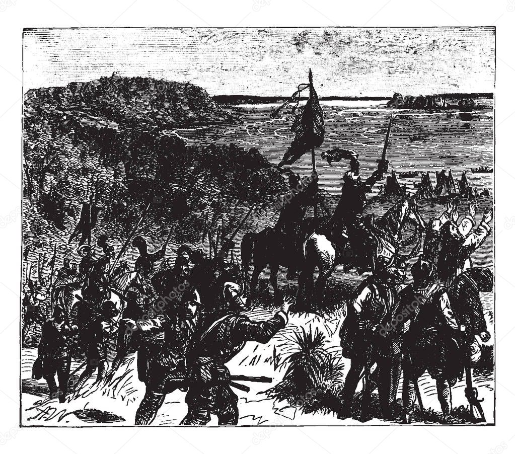De Soto Discovering the Mississippi River, Hernando De Soto was a Spanish explorer and conquistador, and first European to discover the Mississippi river, vintage line drawing or engraving illustration