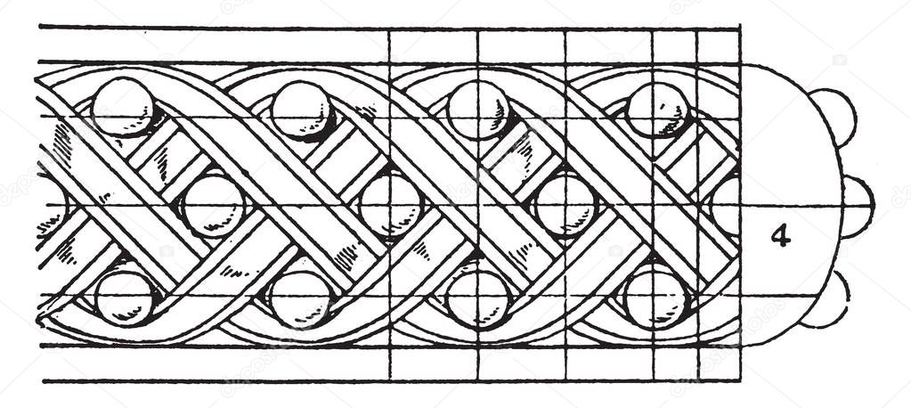 Antique Enrichment Torus Moulding with ribbons twisted in a plaited, eleventh to the fifteenth century, columns and pilaster, vintage line drawing or engraving illustration.
