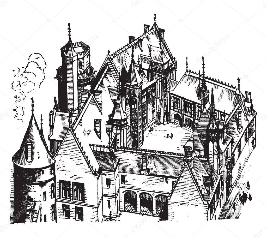 Hotel Jacques Coeur, Bourges, gothic principles controlled the designing of houses,  farm buildings, barns, granaries, the Ducal Palace, vintage line drawing or engraving illustration.