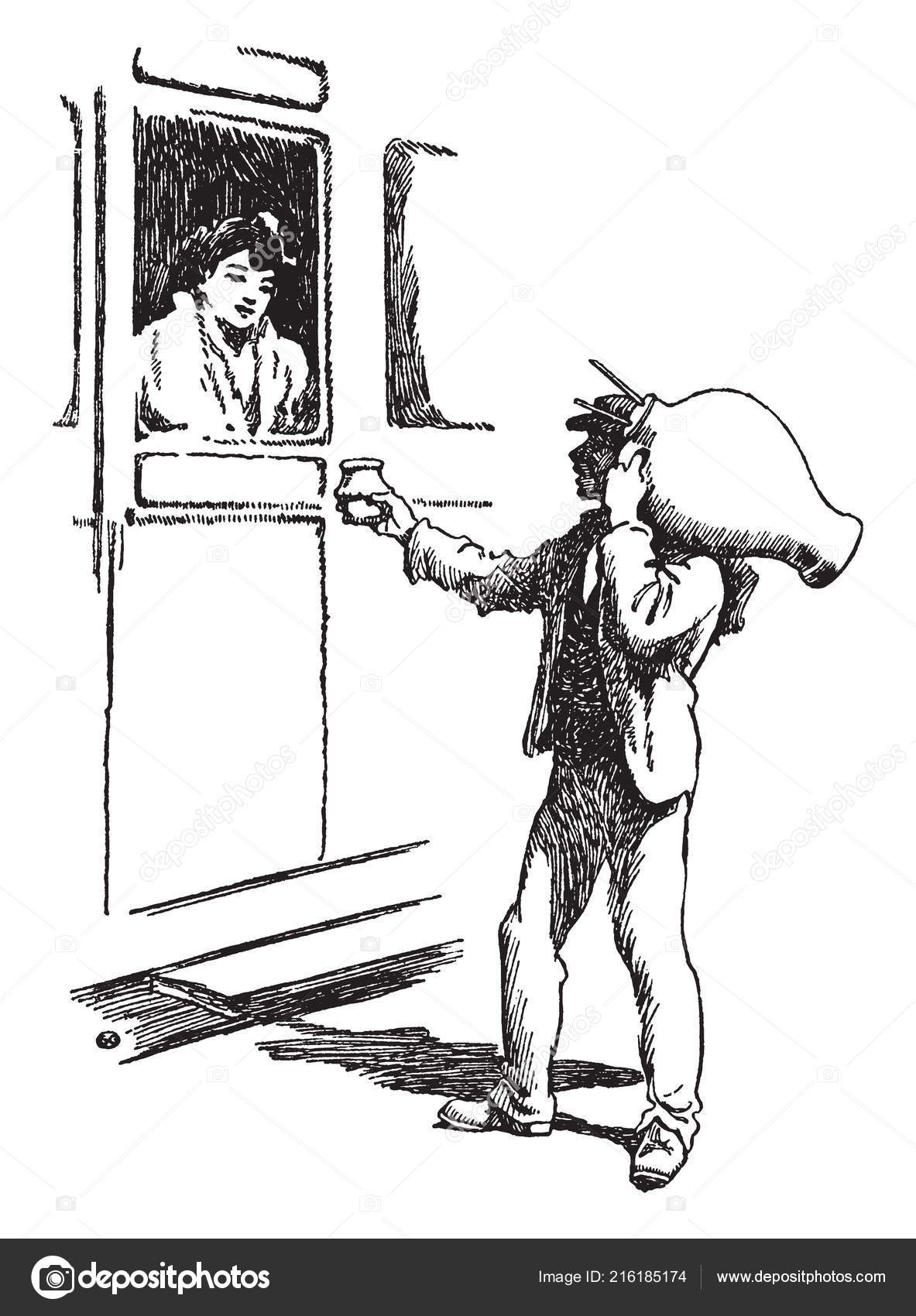 Homme Qui Vend Eau Femme Fenêtre Vintage Dessin Trait Une