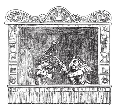 Punch ve Judy yumruk, Judy ve çocuklarının bu resimde, vintage çizgi çizme gibi veya illüstrasyon oyma gösterisi.