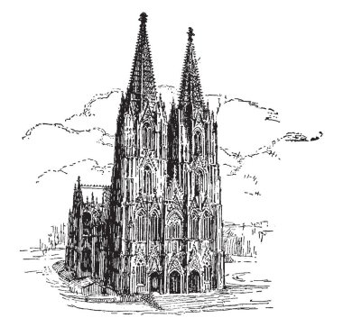 Bu resimde gördüğümüz, Almanya'nın en güzel katedral, Köln, vintage çizgi çizim veya illüstrasyon oyma.