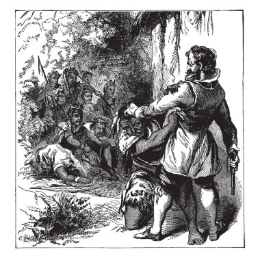 Yüzbaşı John Smith ve Powhatan, vintage çizgi çizme veya oyma illüstrasyon arasındaki toplantı.