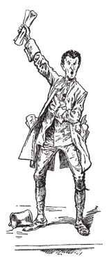 Sağ el ve çizim veya illüstrasyon oyma yükselterek, vintage çizgi gazete tutan bir adam