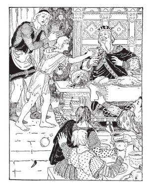 Kral, tablo oturma ve yemek yiyecek tabak tablo ve masada, zeminde oturma ve yemek, vintage çizgi çizme veya oyma illüstrasyon sahip başka bir kişi tutulması kavanoz alarak çocuk devam etti