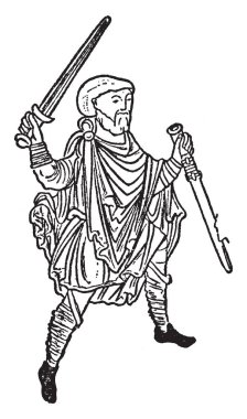 Her el, vintage çizgi çizme veya oyma illüstrasyon kılıç tutan bir adam